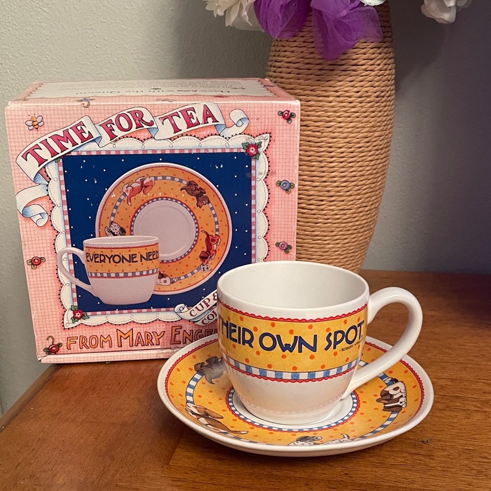 Mary Engelbreit TIME FOR TEA Cup & Saucer Set EVERYONE NEEDS THEIR OWN SPOT